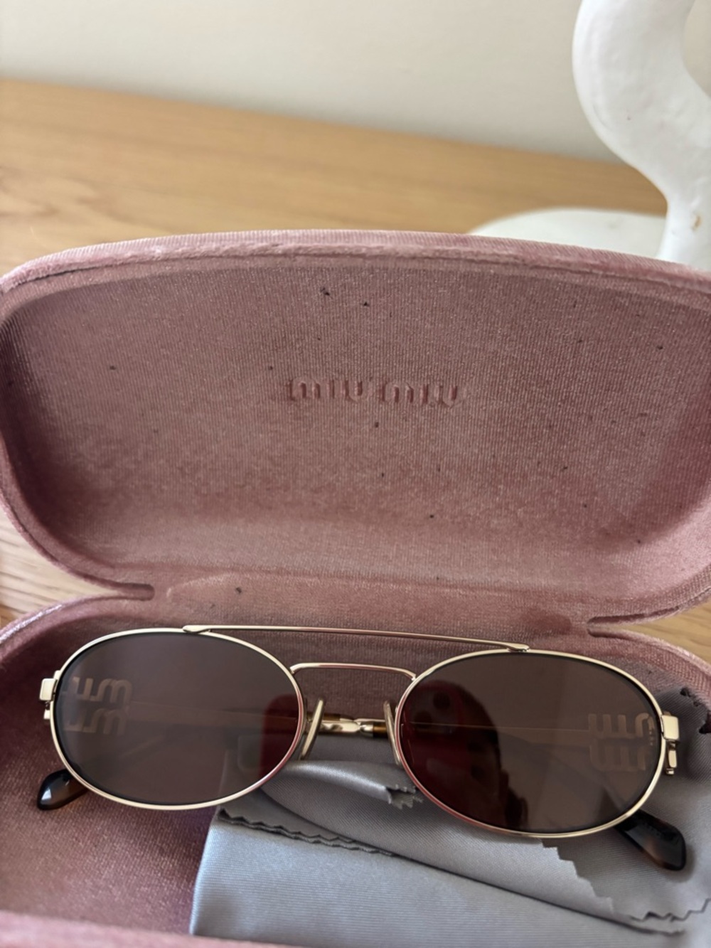 Miu Miu Gold Frame Oval Sunglasses with Brown Lenses and Pink Velvet Case